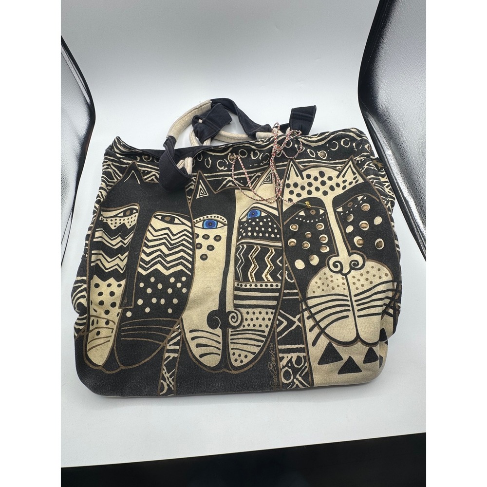 Laurel Burch Canvas Tote Bag Artistic Cat Tribal Print Black Cream Blue Eyes